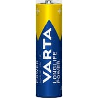 Varta Longlife AA alkaline battery, blue and yellow with white text and plus/minus symbols.