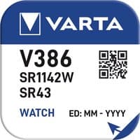 Varta SR43 silver-oxide watch battery, 1.55V, 105mAh, in blue and white packaging with QR code and product details.
