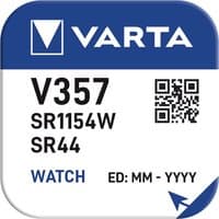 Varta SR44 silver-oxide watch battery, 1.55V, 155mAh, in blue and white packaging with QR code and product details.