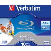 Verbatim 43736 Blu-Ray disc pack, 50 GB, 10 discs, blue packaging with BD-R DL logo and 6x speed indicator.