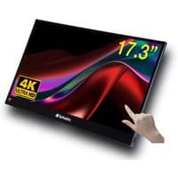 Verbatim 17.3” portable touchscreen monitor, Ultra HD 4K, sleek black frame, vibrant display with colorful graphics.