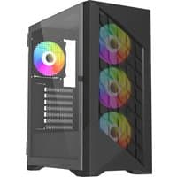 Black VIDA Typhoon Tower PC case with RGB fans, tempered glass side panel, and geometric front design.