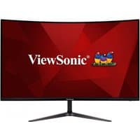 Curved 31.5" Viewsonic gaming monitor, black frame, red screen with logo, sleek stand, 165Hz refresh rate.