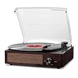 Retro vinyl record player with wood finish, clear dust cover, built-in Bluetooth, and two front stereo speakers.