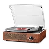 Orange vinyl record player with Bluetooth, built-in stereo speakers, clear dust cover, and retro design.