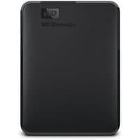 Black Western Digital Elements 5TB portable external hard drive with rounded edges and WD logo on top.