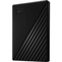 Black Western Digital My Passport 1TB external hard drive with diagonal grooves and compact rectangular design.
