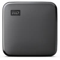 Black Western Digital 1TB external SSD with Thunderbolt, compact square design, and WD logo on top left.