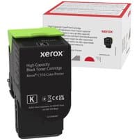 Black Xerox toner cartridge with green cap, compatible with C310 printer, includes packaging box in background.