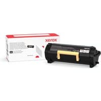 Black Xerox toner cartridge with yellow handle, next to white and red packaging box.