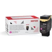 Xerox magenta toner cartridge with black casing and red label, next to branded box with geometric design.