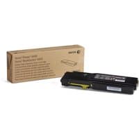 Yellow Xerox toner cartridge with black casing and yellow label, next to brown branded packaging box.