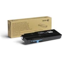 Xerox cyan toner cartridge for VersaLink C400/C405, black casing with blue accents, next to brown packaging box.