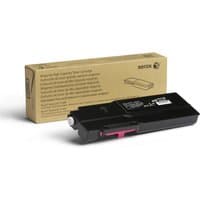 Black Xerox toner cartridge with magenta label, rectangular shape, next to a brown box with product details.
