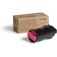 Xerox magenta toner cartridge, black with pink cap, next to brown box packaging.