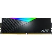 Black XPG LANCER RGB DDR5 memory module with rainbow LED strip and silver logo, 288-pin DIMM.