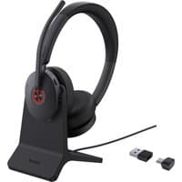 Black Yealink BH74 headset with stand, USB-C/A connectors, and red-accented microphone for Teams.