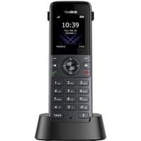 Black Yealink W73H cordless handset with color display, keypad, and charging base.