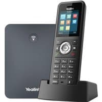 Yealink W79P ruggedized DECT phone with color screen, keypad, and charging base, next to a sleek WiFi base unit.