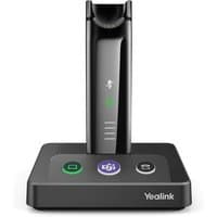 Black Yealink WH63 Teams wireless headset with sleek base, touch controls, and charging dock.