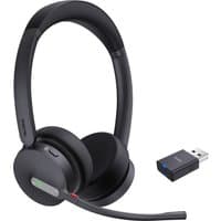 Yealink WH64 Hybrid Dual Teams wireless headset, black with cushioned ear pads, adjustable headband, and USB dongle.
