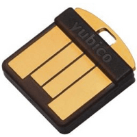 Black and gold Yubico YubiKey 5 Nano security key with USB connector and compact design.