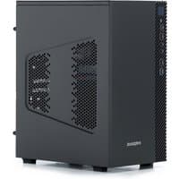 Black Zoostorm Delta desktop PC with mesh side panel, front USB ports, and sleek minimalist design.