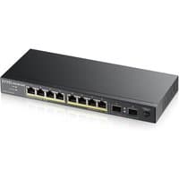 Black Zyxel GS1100-10HP v2 Ethernet switch with 8 PoE ports, 2 uplink ports, and LED indicators on the front panel.