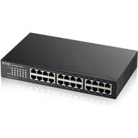 Black Zyxel GS1100-24E unmanaged gigabit Ethernet switch with 24 ports and LED indicators on the front panel.