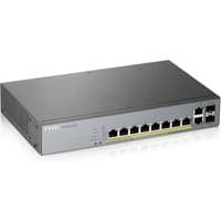Grey Zyxel GS1350-12HP managed L2 Gigabit Ethernet switch with 8 PoE ports and 4 uplink ports, compact design.