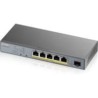 Grey Zyxel GS1350-6HP managed L2 Gigabit Ethernet switch with six PoE ports and LED indicators.