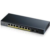 Black Zyxel GS1900-10HP Ethernet switch with 8 yellow PoE ports and 2 additional ports on the front panel.
