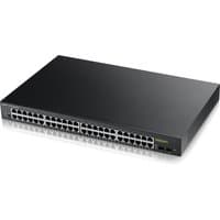 Black Zyxel GS1900-48HP 1U managed L2 Gigabit Ethernet switch with 48 ports and PoE capability.