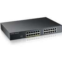 Black Zyxel GS1915-24EP 1U rackmount switch with 24 Ethernet ports and PoE capability, sleek rectangular design.