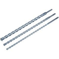 3 Piece 450mm SDS Drill Bit Set with spiral flutes, silver finish, varying lengths for masonry and concrete drilling.