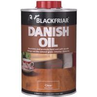 Blackfriar Danish Oil Clear 1 Litre can with red cap, brown label, and wood grain image.