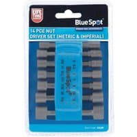 Bluespot Tools 14-piece nut driver set with blue plastic holder, featuring metric and imperial sizes in a clear package.