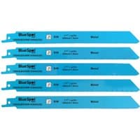 Blue bi-metal reciprocating saw blades, 240mm x 5 TPI, set of 5, with Bluespot Tools branding and metal cutting design.