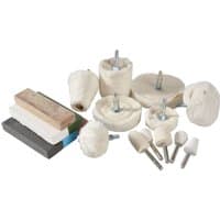 Bluespot Tools 19011 Polishing Kit with various buffing wheels and polishing compounds in white and beige.