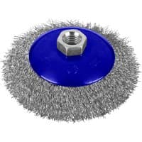 Blue steel bevel wire cup brush with silver bristles and M14 threaded nut center.