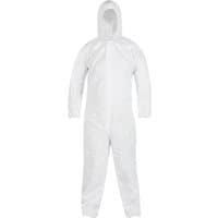 White Bluespot Tools disposable coverall XL with hood, long sleeves, and front zipper closure.