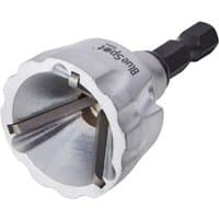 Silver Bluespot chamfer tool with hex shank and three internal cutting blades for deburring edges.