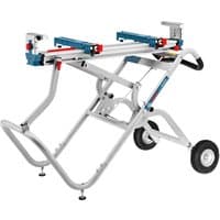 Bosch mitre saw stand with foldable silver frame, blue rails, red clamps, and two black wheels.
