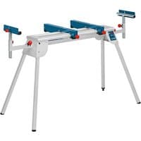 Bosch mitre saw leg stand with silver frame, blue supports, and adjustable red knobs.