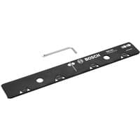 Black Bosch FSN VEL guide rail connector with multiple holes, white logo, and included hex key.