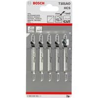 Bosch T101AO jigsaw blades set with five silver blades in a clear plastic case, designed for wood cutting.