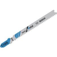 Bosch T118B jigsaw blade for metal, silver with blue accents, 92mm length, pack of 5, serrated edge.