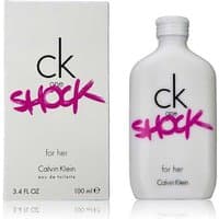 Calvin Klein CK One Shock For Her 100ml, white bottle with pink graffiti-style text, next to matching box.
