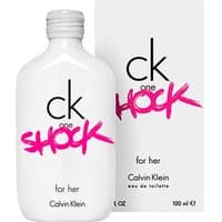 White Calvin Klein CK One Shock For Her bottle with pink graffiti text, next to matching box.