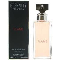 Calvin Klein Eternity Flame Eau de Parfum 100ml, clear bottle with black cap, next to black box packaging.